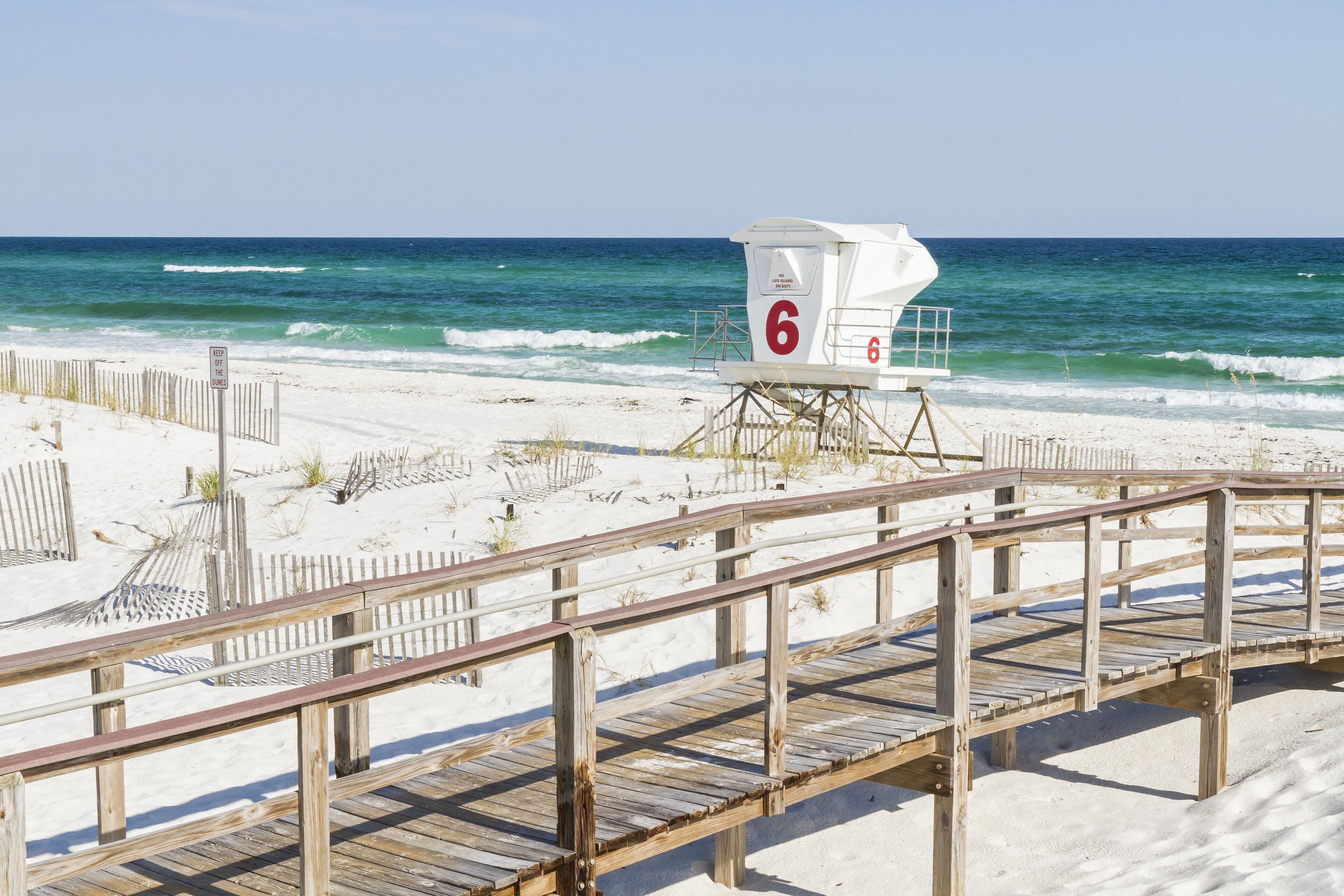 The number 6 lifeguard station at Park West on the western end of Pensacola Beach, Florida.; Shutterstock ID 217923010