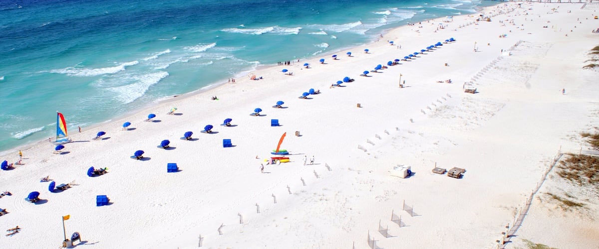 A beach with rows of blue umbrellas and a pier extending into the ocean.
