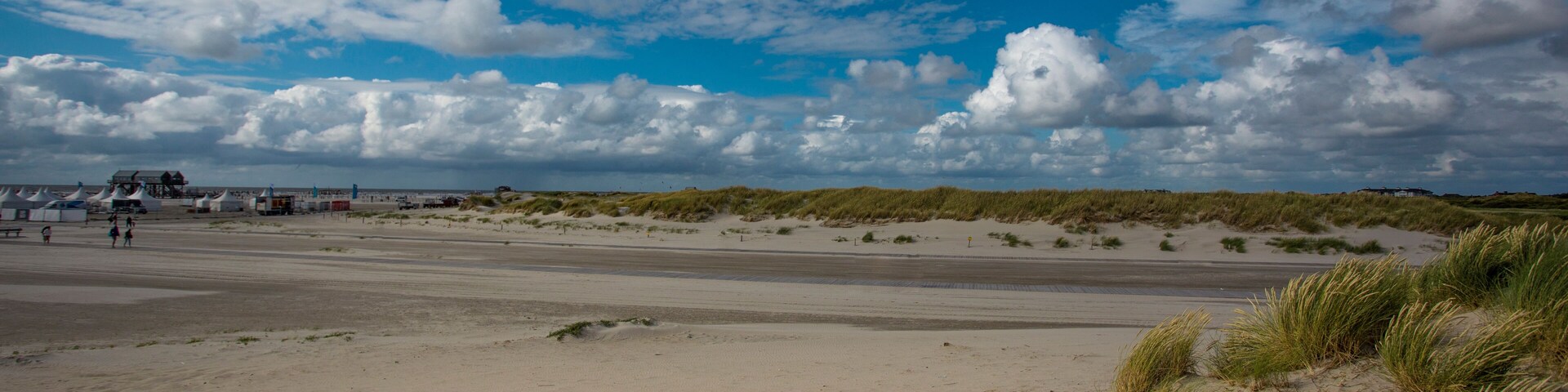 A beach with dunes and a clear sky.