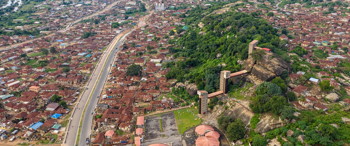 Aerial shot of the Olumo Rock in Abeokuta, Ogun State captured in Nigeria