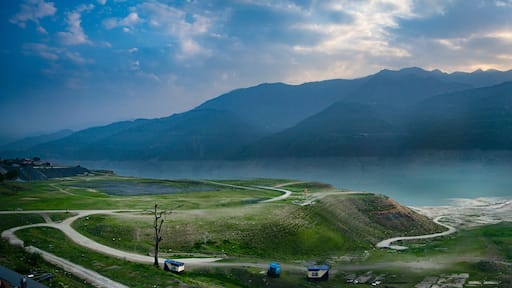 panorama view Sunrise at Tehri mountains. Scenery sunrise over Tehri Lake, Uttarakhand. Tehri Dam, the tallest dam in India and Tehri dam is Asia's largest man-made lake.