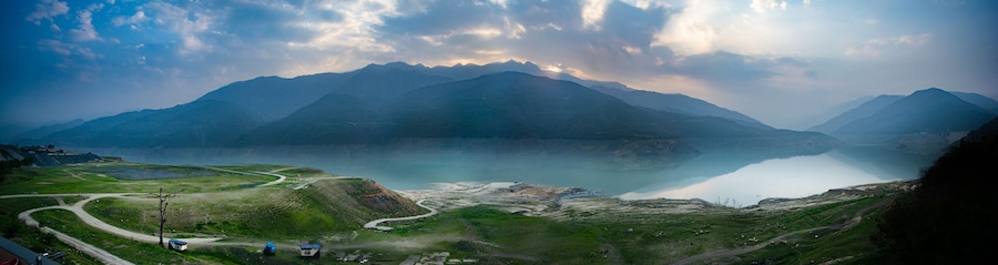 panorama view Sunrise at Tehri mountains. Scenery sunrise over Tehri Lake, Uttarakhand. Tehri Dam, the tallest dam in India and Tehri dam is Asia's largest man-made lake.