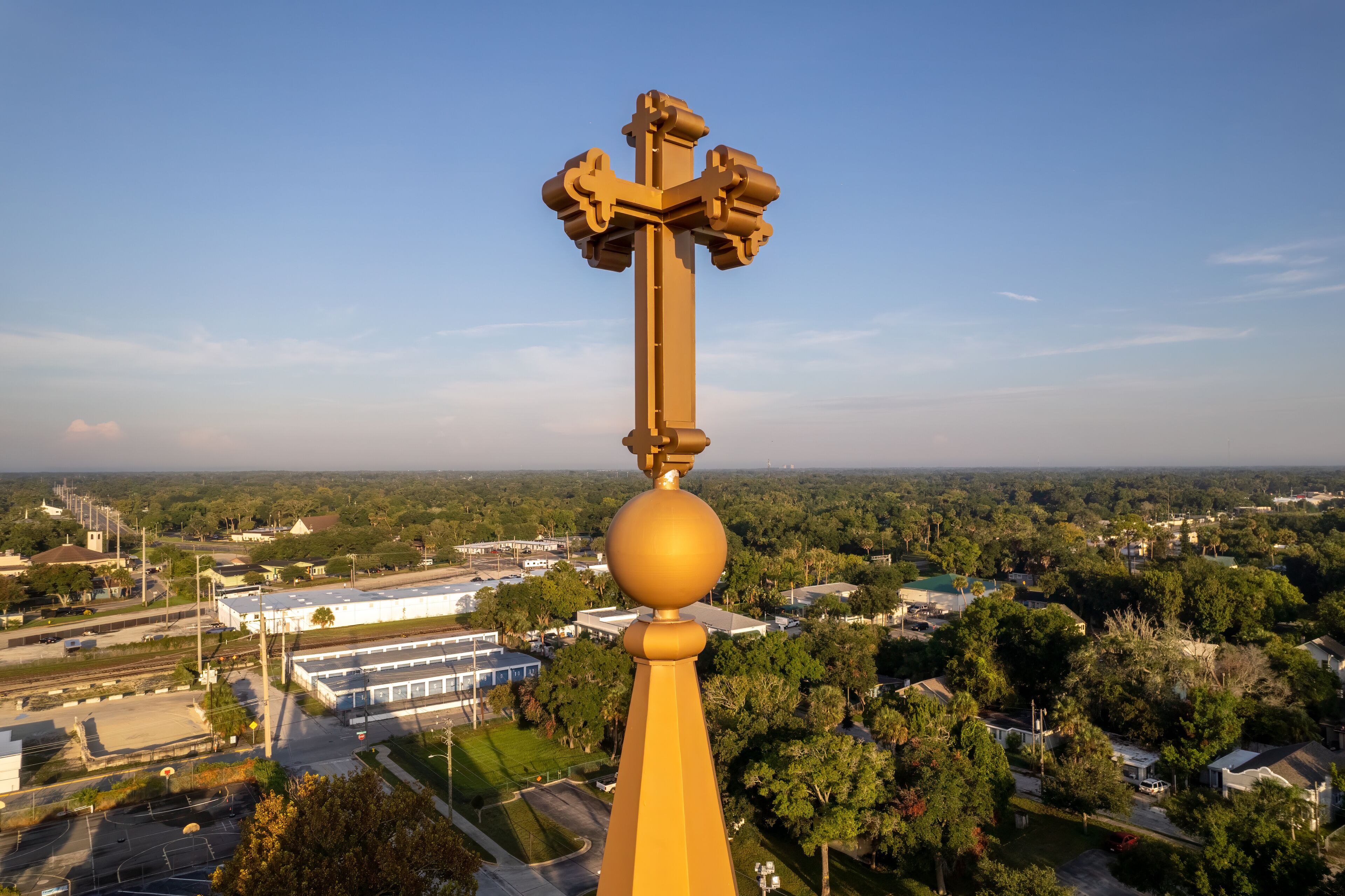 Aerial drone photo of a cross on top of a church in Daytona Beach, Florida