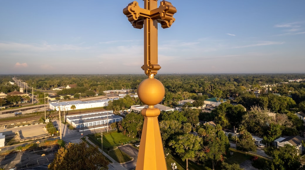 Aerial drone photo of a cross on top of a church in Daytona Beach, Florida