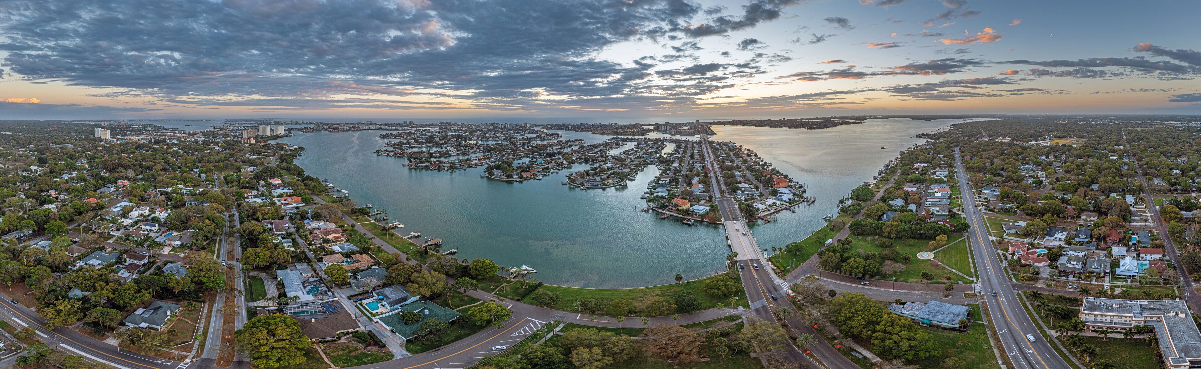 Drone panorama over South Causeway Isles and Treasure Island in St. Petersburg in Florida during sunset