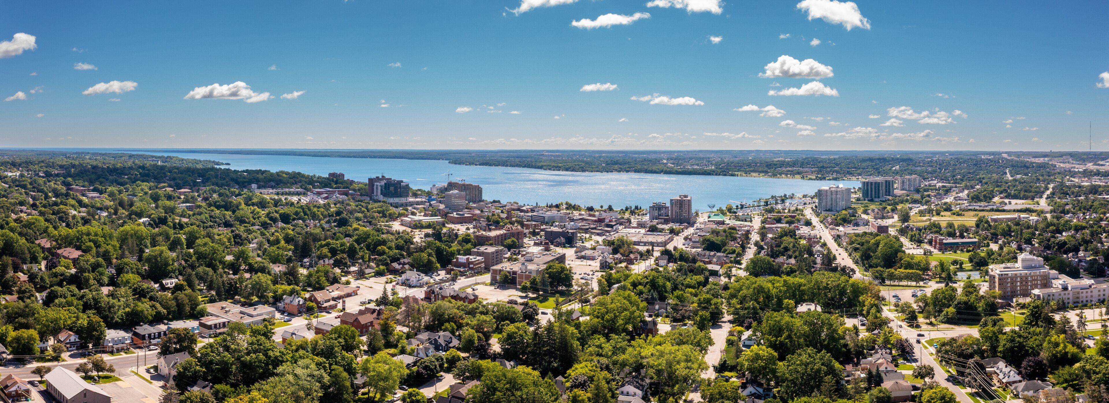 A cityscape with a large body of water in the background, surrounded by dense greenery and various buildings.