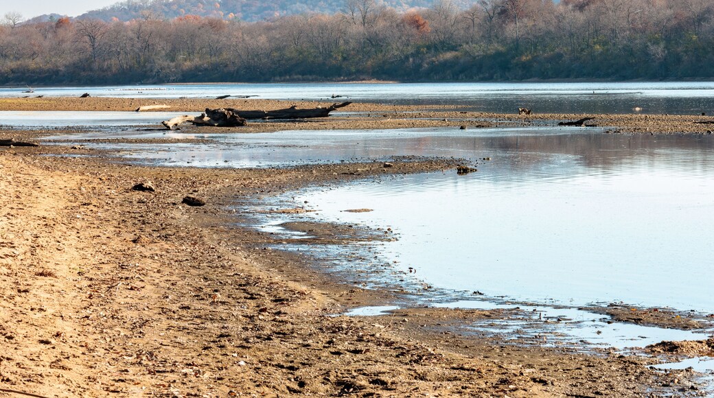 Looking upriver on the Wiscnsin River from the Sauk-Prairie canoe launch south of Sauk City, Wisconsin in autumn, with the water levcel quite low