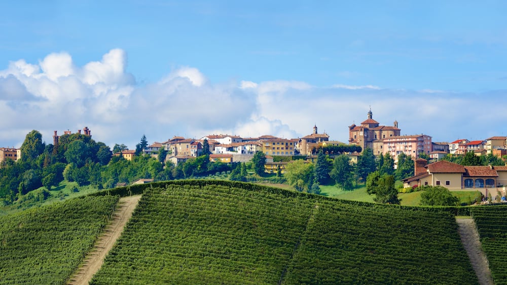 Une ville située sur une colline, avec des vignobles en terrasses et des bâtiments historiques.