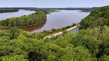 Aerial panoramic view of the Mississippi River between Illinois and Iowa looking north from Savanna, Illinois