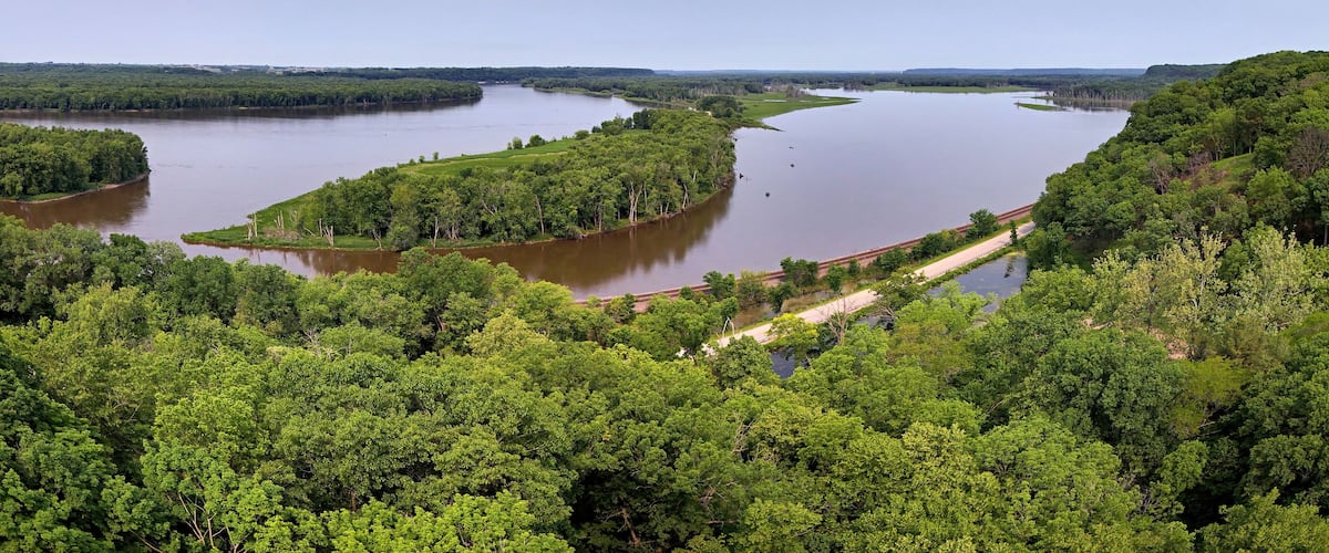 Aerial panoramic view of the Mississippi River between Illinois and Iowa looking north from Savanna, Illinois