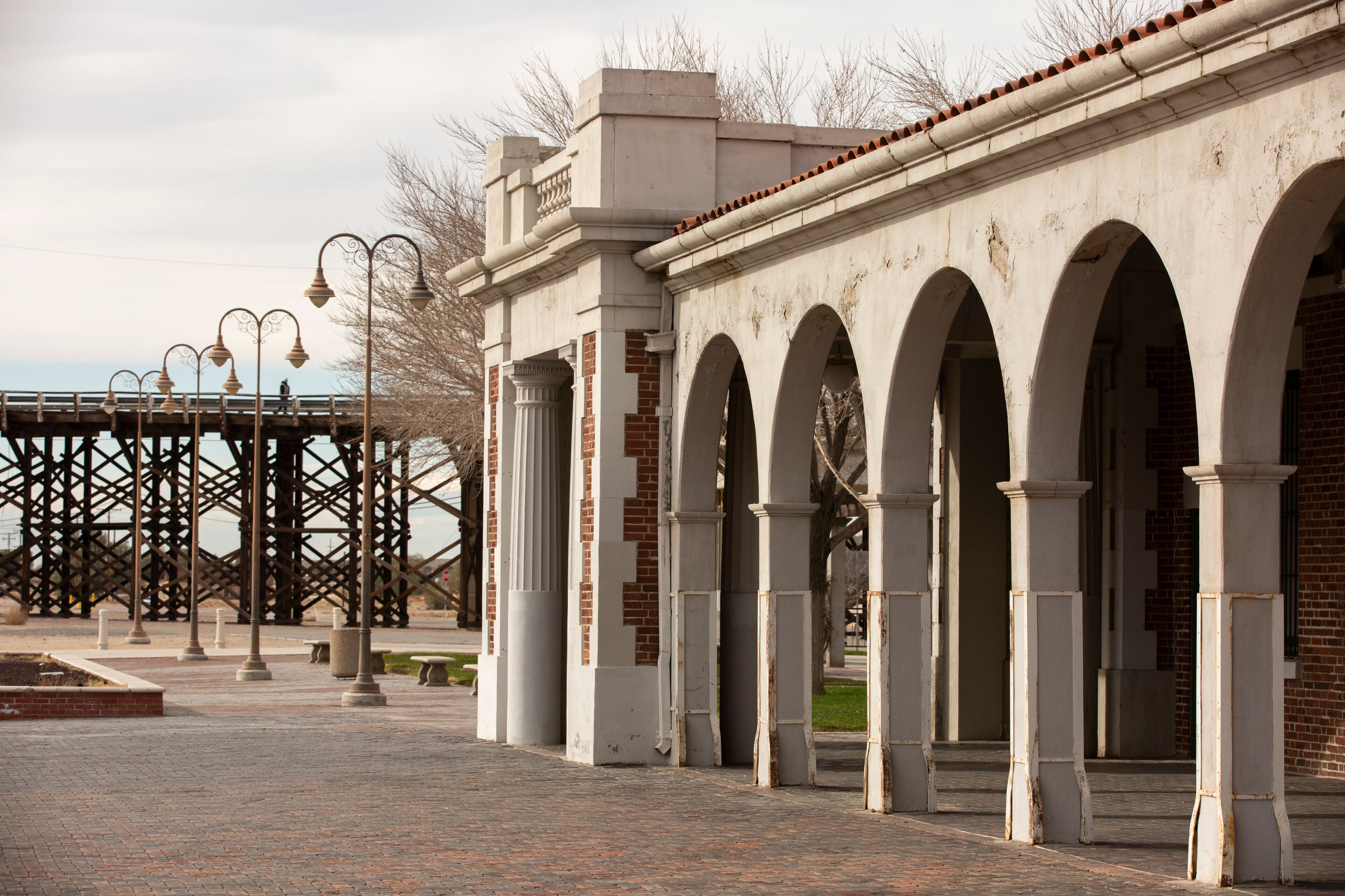 Daytime view of the historic 1908 downtown train depot of Barstow, California, USA.