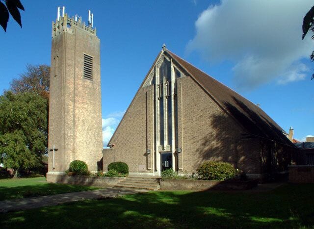 St Mark's, Biggin Hill TN16. Maybe this should be classified as a church-with-telephone-antennae ... perhaps the vicar exchanges texts with the Almighty? Although consecrated in 1959, work was not completed on St Mark's Church until 1975. It replaced a temporary building, of timber clad in corrugated iron, which dated from 1903.