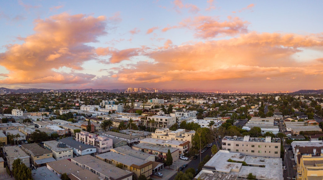 Aerial view of the Mar Vista neighborhood with the city of Los Angeles and the Santa Monica mountains in the background. Take during sunset with a drone.
