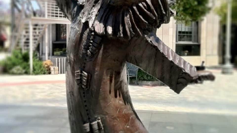 The lion from the Wizard of Oz outside the Culver Hotel. A fountain often shoots water up around it for kids to play in.