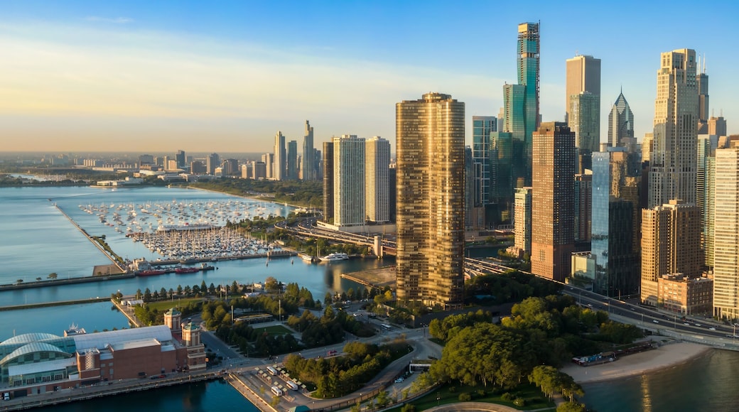 Chicago skyline at sunrise, showcasing the city's iconic skyscrapers and marina. Beautiful aerial view. Downtown, Chicago, Illinois, United States Of America