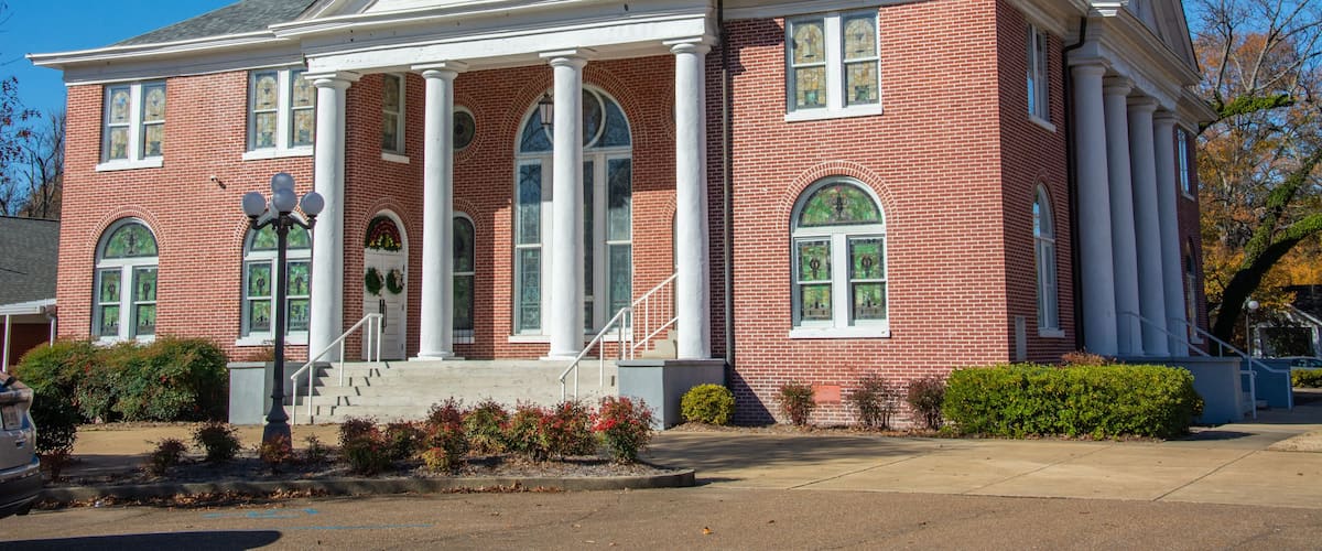 Early 20th century Neoclassical style Batesville First United Methodist Church with a central octagonal dome in Batesville, Mississippi, in Panola County, USA