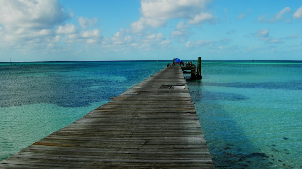 A wooden pier extending into a clear blue sea with boats in the distance.