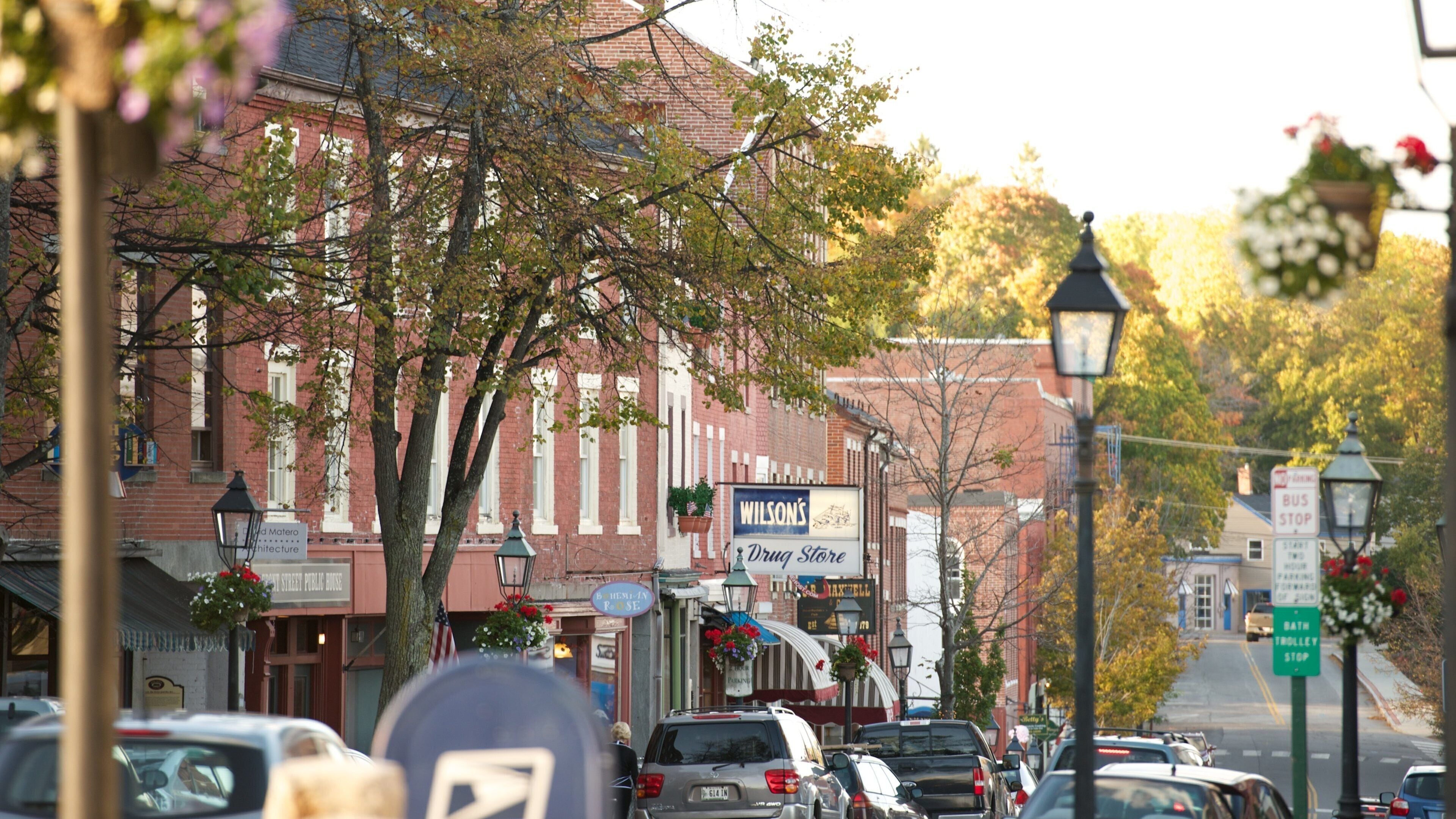 A street lined with brick buildings, a Wilson's Drug Store sign, and a Bath Trolley Stop sign.