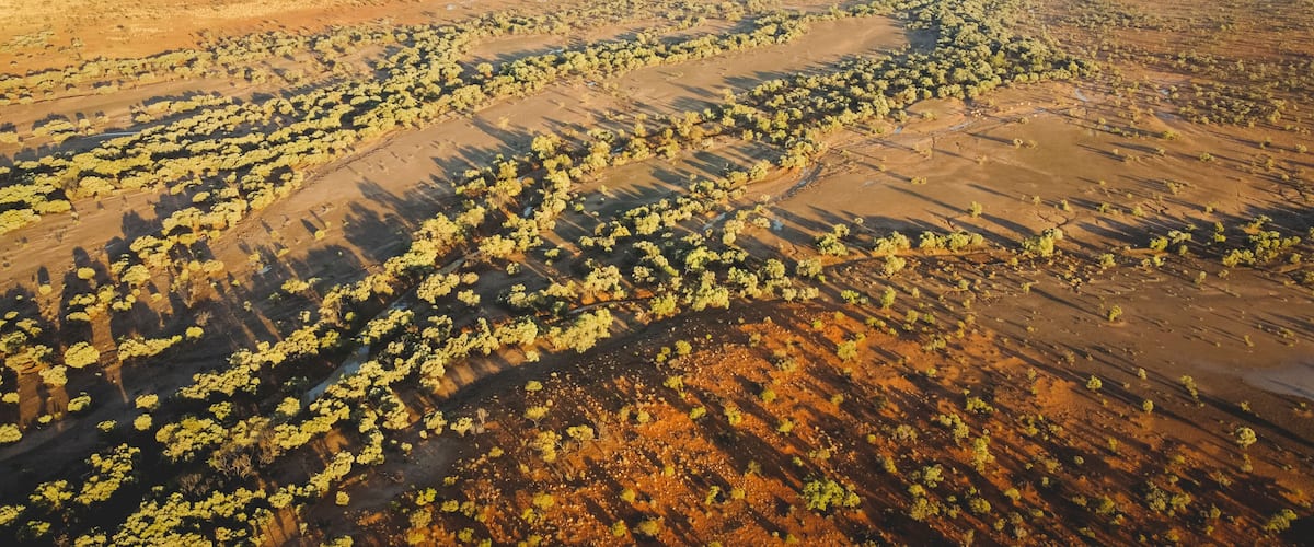 An aerial view of a vast, arid landscape with scattered green vegetation and winding water channels.