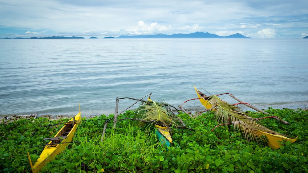 Yellow Wooden Fishing Boats Beached by a Glassy Philippine Sea