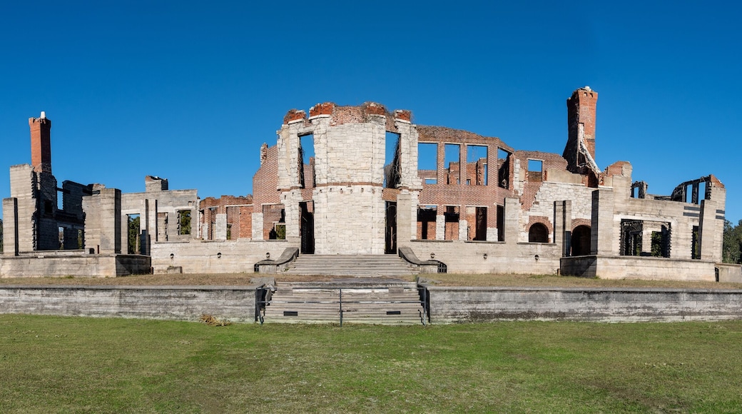 Cumberland Island National Seashore. Cumberland Island, largest of Georgia's Golden Isles, is managed by National Park Service. Dungeness Mansion ruins once owned by Carnegie Family, ruined by fire.