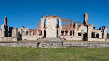 Cumberland Island National Seashore. Cumberland Island, largest of Georgia's Golden Isles, is managed by National Park Service. Dungeness Mansion ruins once owned by Carnegie Family, ruined by fire.