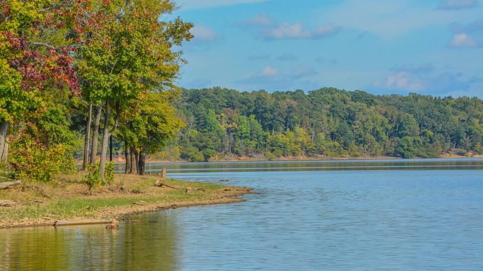 A calm lake with trees on the left and a forested hill in the background.
