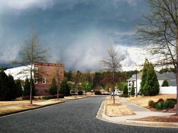 This is a view of a Tornado as it was on the ground crossing over Lake Allatoona and moving towards Woodstock, GA. I was at a safe distance to shoot the tornado. 