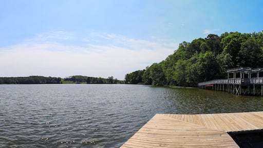 a panoramic shot of the rippling blue waters of Lake Acworth with a brown wooden bridge and dock surrounded by lush green trees, grass and plants with blue sky and clouds at Cauble Park in Acworth