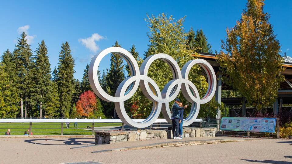 Whistler Olympic Plaza which includes signage as well as a couple