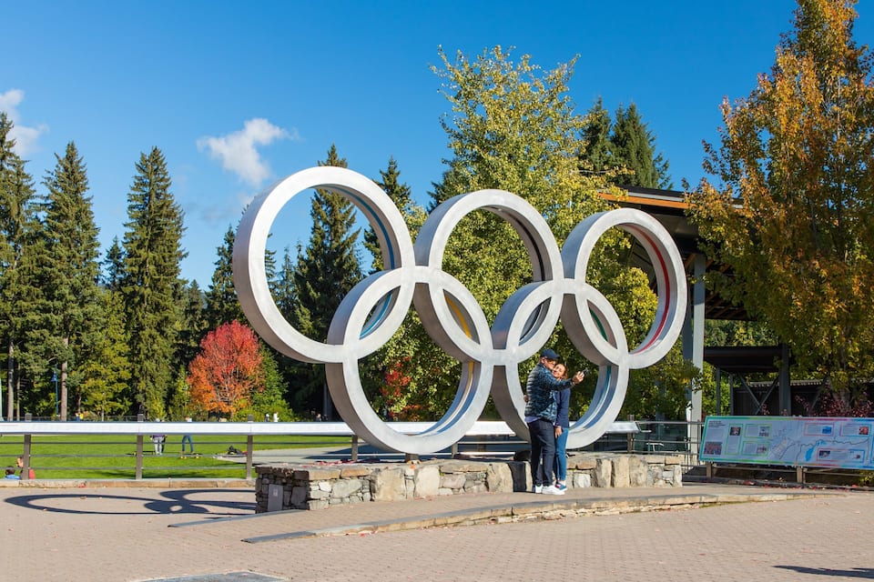 Suuri olympiaringas-aiheinen veistos puistossa, jossa on puita ja kirkas taivas.