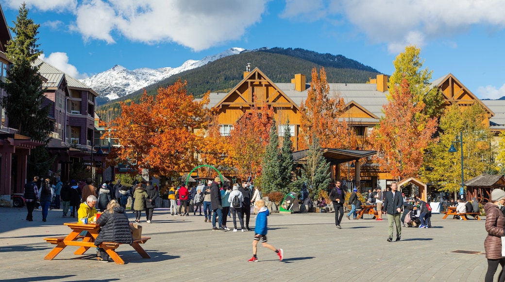 Whistler Olympic Plaza which includes a square or plaza, street scenes and a small town or village