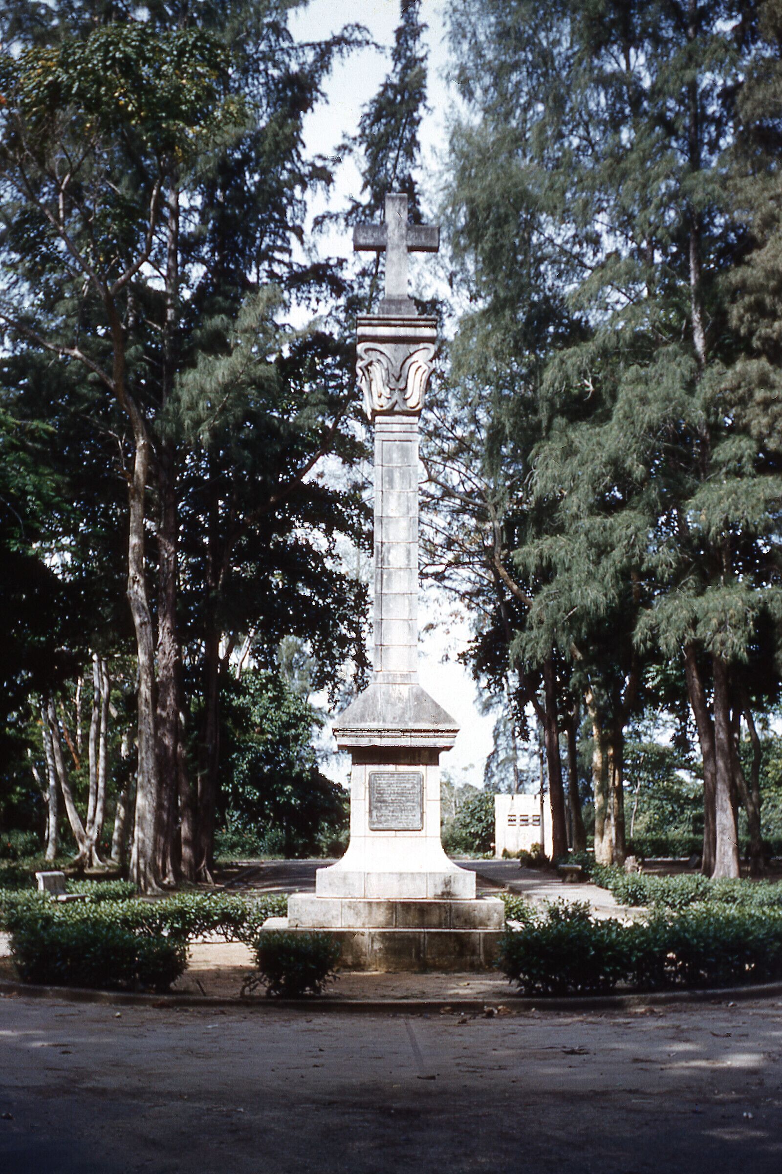 The monument and cross commemorating the landing of Christopher Columbus in Aguadilla, Puerto Rico.  Photo taken in 1954.