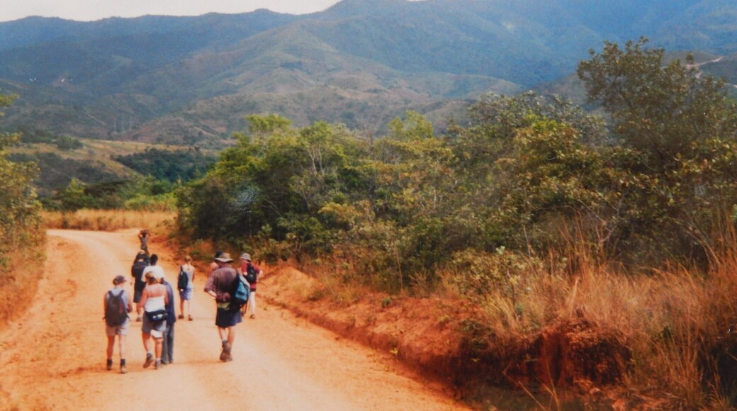 A steep climb to the 300 metre waterfall at Livingston plateau.We were kitted out in all our hiking gear and there were the guides in their jandals !.