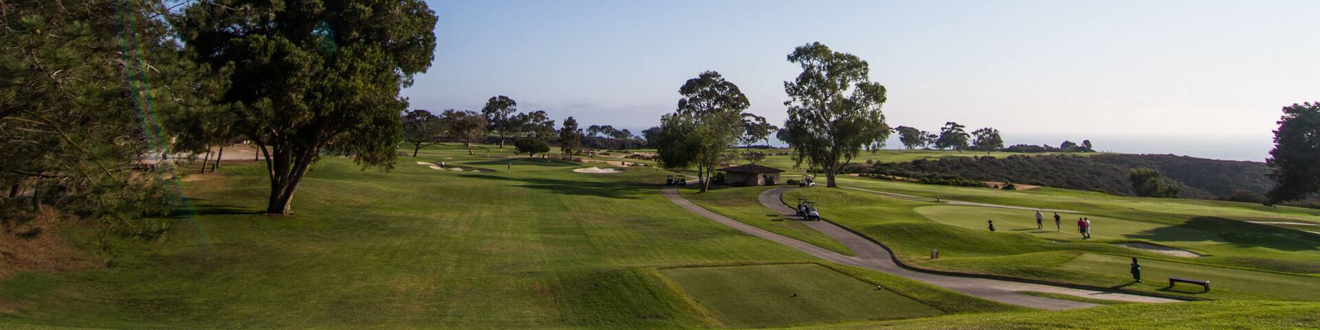 Blue skies over a beautiful Southern California golf course with lush green grass and pine trees