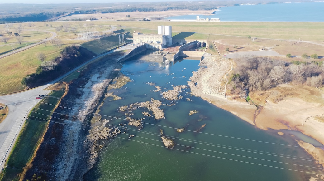 Top view Denison Dam low in water located on the Red River between Texas and Oklahoma