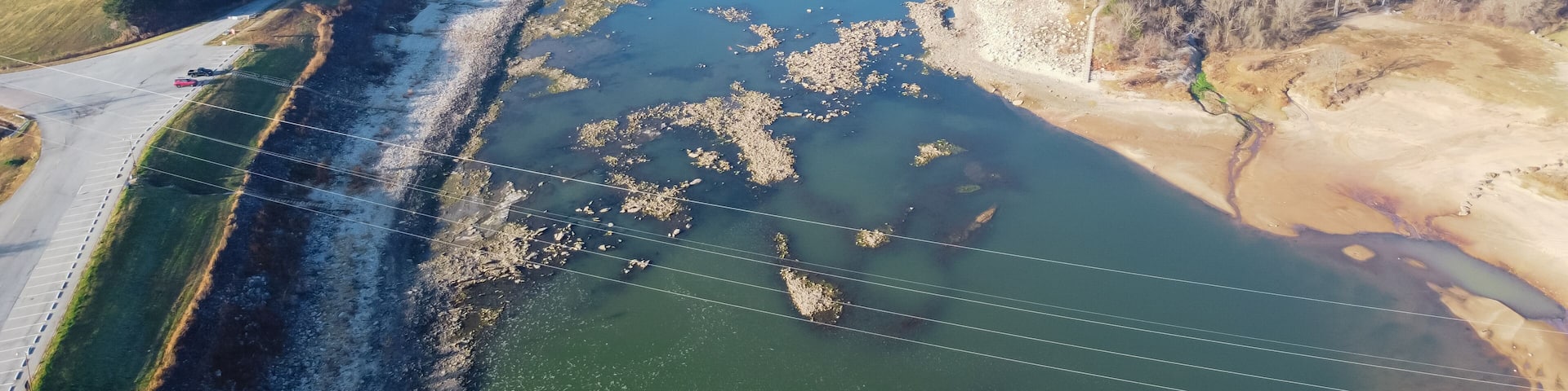 Top view Denison Dam low in water located on the Red River between Texas and Oklahoma