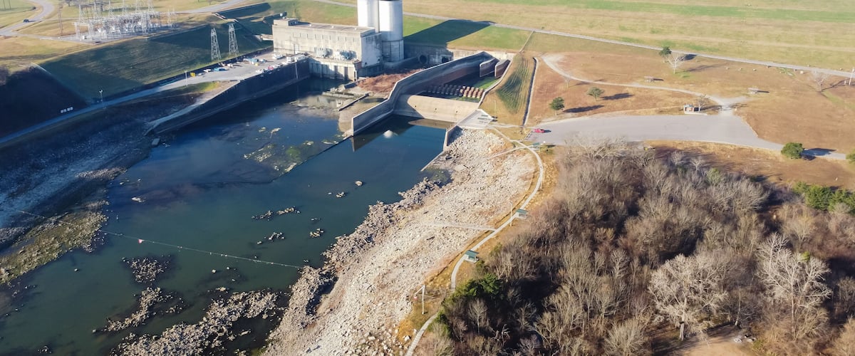 Aerial view Denison Dam, Lake Texoma, spillway, hydroelectric turbine and top power pool