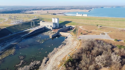 Aerial view Denison Dam, Lake Texoma, spillway, hydroelectric turbine and top power pool