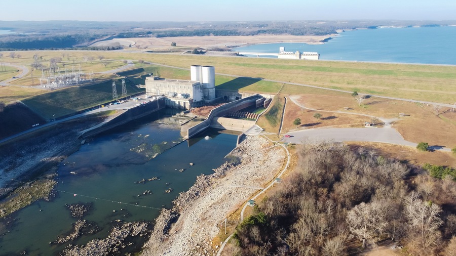 Aerial view Denison Dam, Lake Texoma, spillway, hydroelectric turbine and top power pool