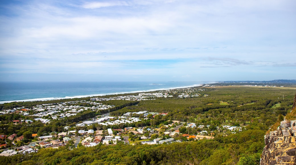 panorama of sunshine coast and coolum beach as seen from the top of mount coolum; aerial view of the coast of south east queensland, australia