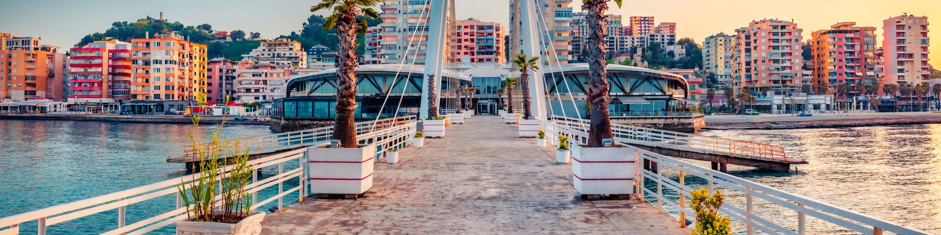 Impressive sunrise in Durres, port city on the Adriatic Sea in western Albania, Europe. Wonderful Adriatic seascape. Magnificent spring scene of Albania. Traveling concept background.