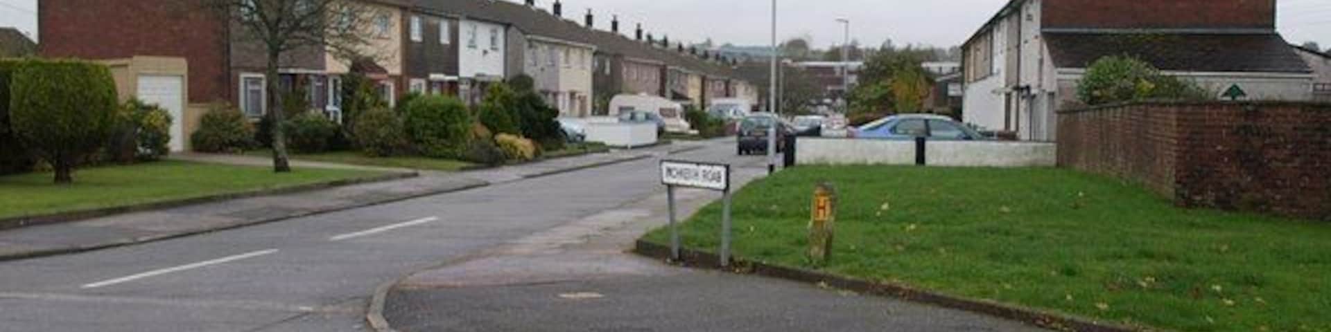 Inchkeith Road, Plymouth A road on the hilltop Southway estate, seen from its junction with Skerries Road.