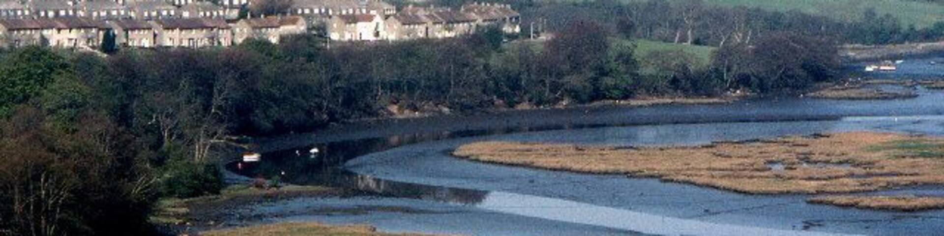 Tamerton Lake, low tide. View from Holly Park westwards. Ernesettle housing estate and Factory in the distance.