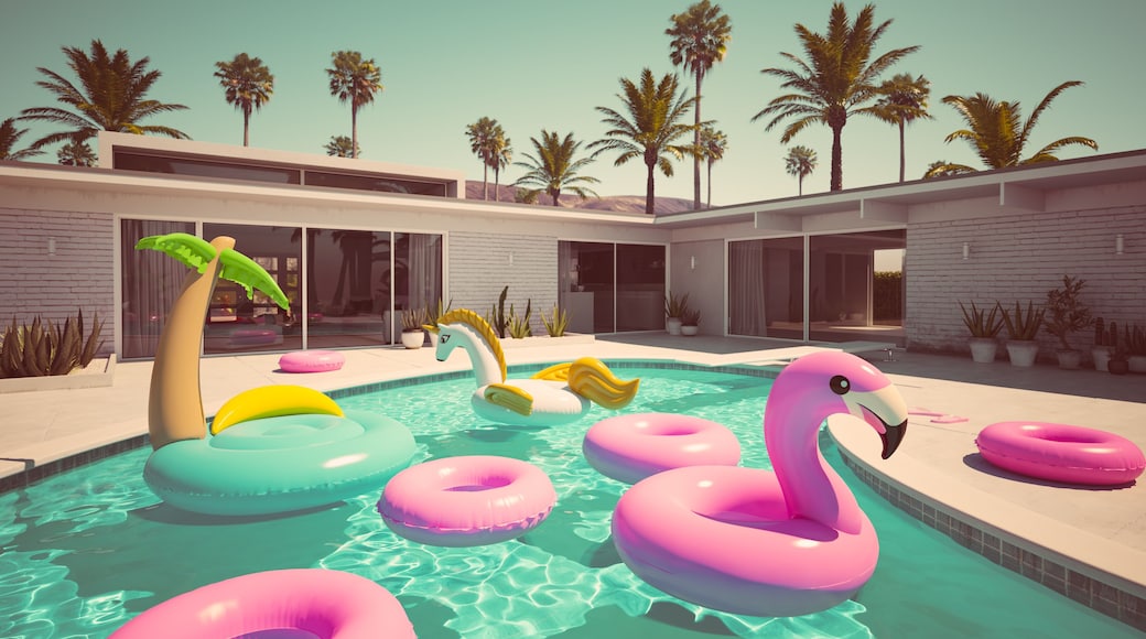 3D rendering. a lot of different floats in a pool. retro style