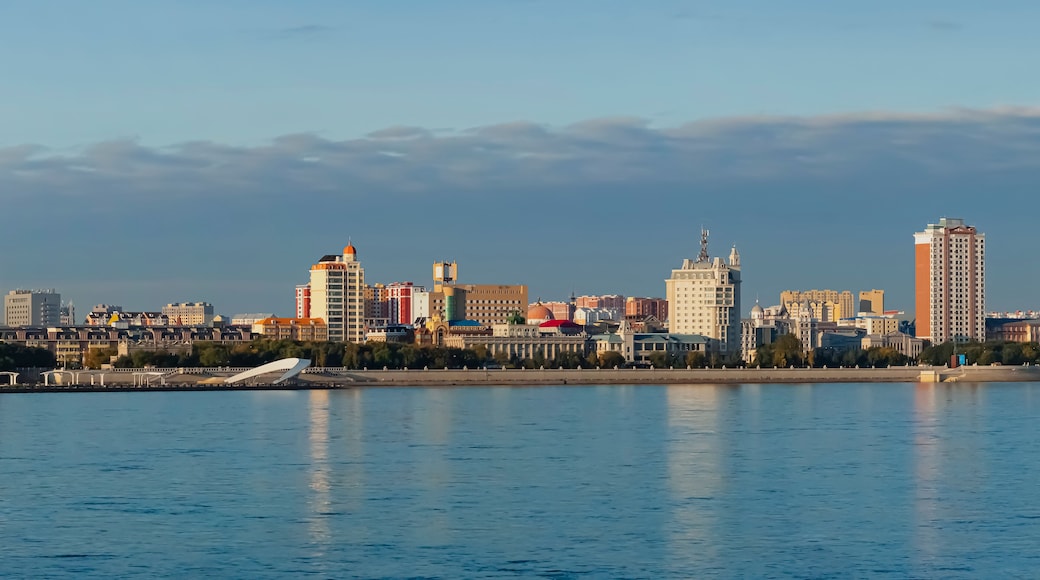 View of the embankment of the city of Heihe, China from the city of Blagoveshchensk, Russia. Border river Amur in the autumn morning.