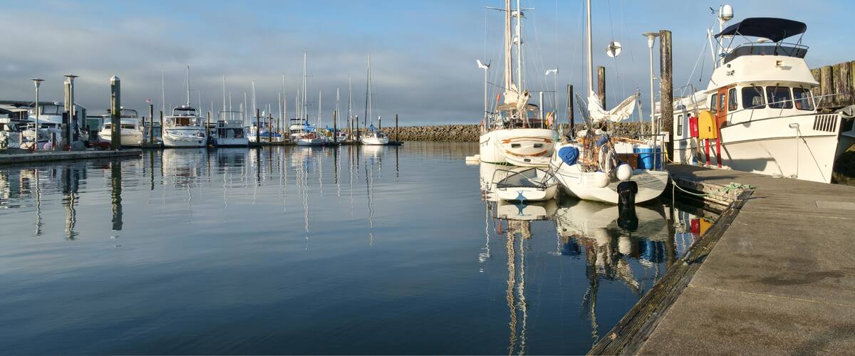 A marina with various boats docked, calm water, and a wooden pier.