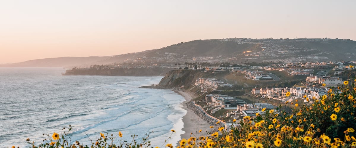A coastal landscape with a beach, ocean waves, and a hill with buildings.