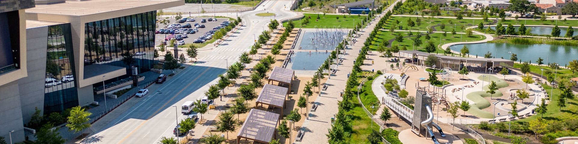 Aerial drone photo summer at Scissortail Park Oklahoma City circa 2023