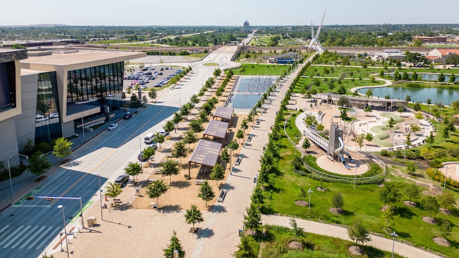 Aerial drone photo summer at Scissortail Park Oklahoma City circa 2023